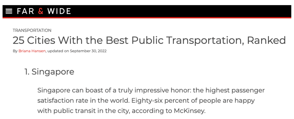Singapore public transport system has been ranked top globally by a US-based travel website, Far & Wide.