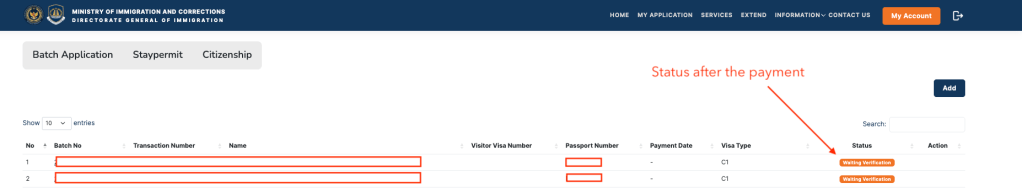 Status before the payment
